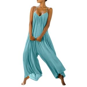 Light Blue Halter Halter Neck Backless Wide Leg Jumpsuit